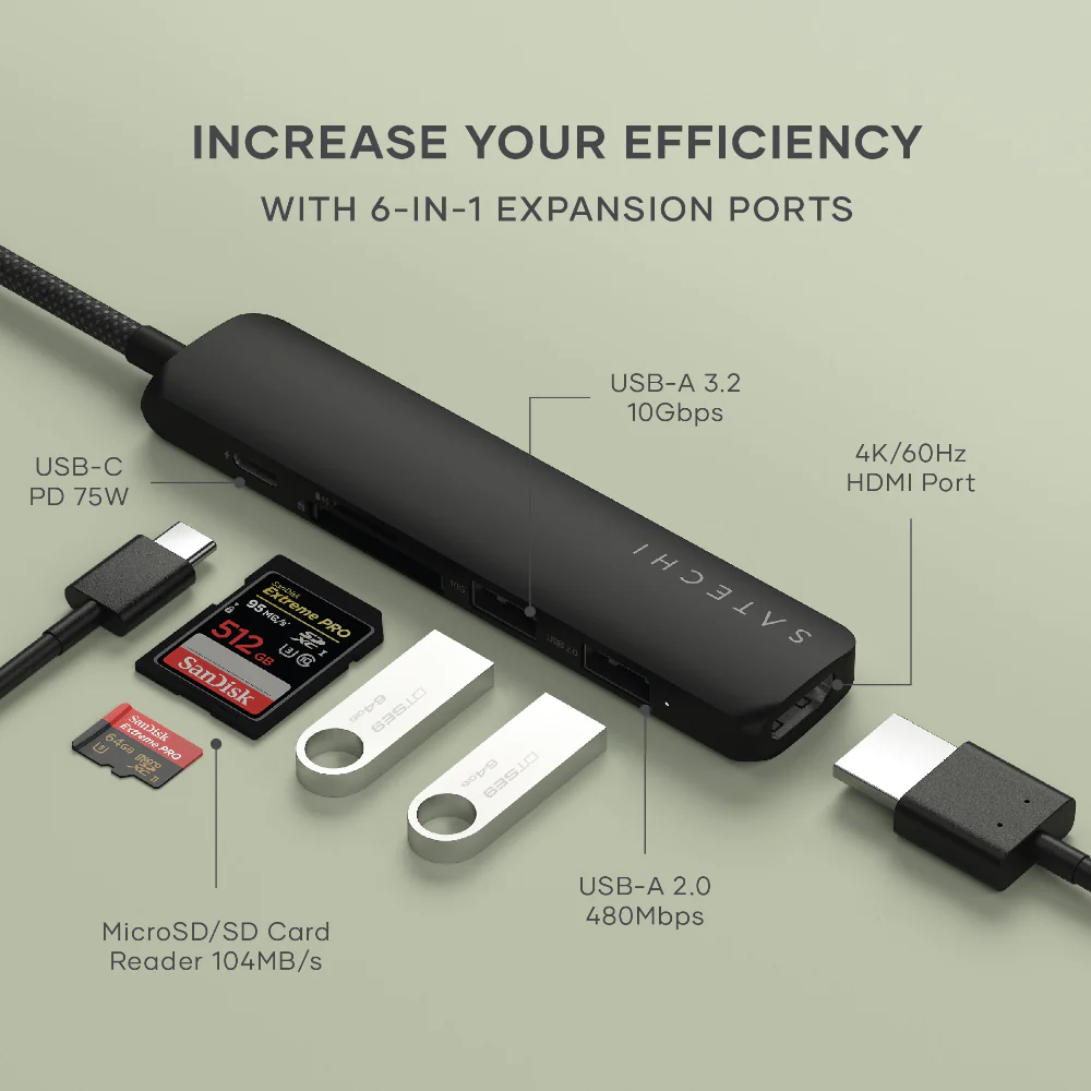 Adaptador Multipuerto Satechi Slim 6 en 1 USB-C - Negro - Image 4