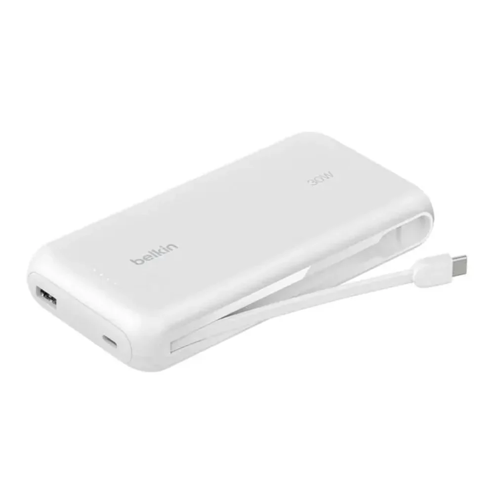 Batería externa Belkin - 20,000 mAh 30W con cable USB-C integrado - Blanco